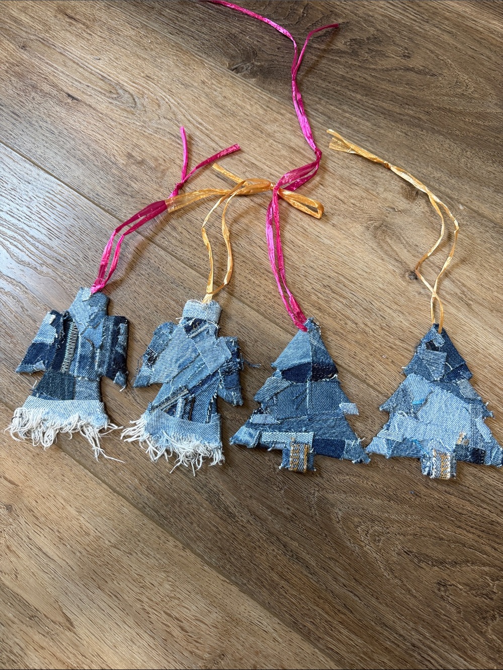 Handmade Denim Tree Ornaments with Pink and Gold Hangs